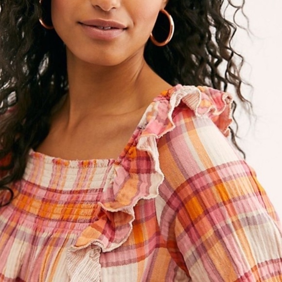 NWT Free People Siena Plaid Smocked Pullover Top In Pink/Orange - Picture 2 of 9